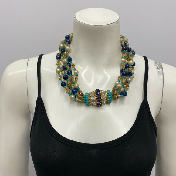 Vintage Mimi Din Necklace Blue & Turquoise Enamel 6 Long Strands Or Rows 20 7/8